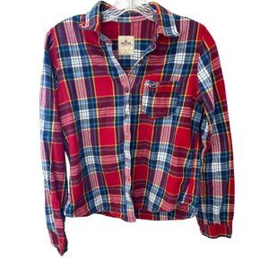 Hollister California Red Plaid Long Sleeve Button-Up Flannel Shirt Size L 100% C